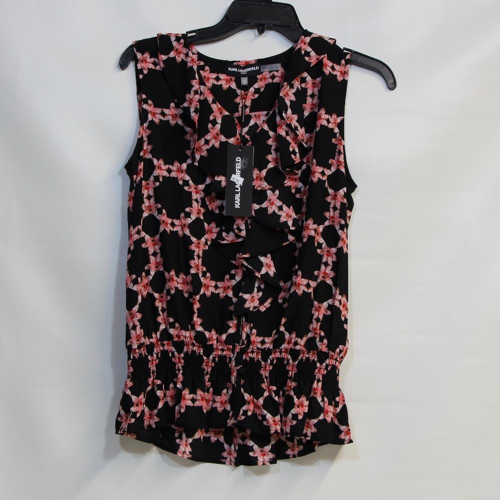 Karl Lagerfeld Sleeveless V-neck Paris Floral Button Up Blouse Size Petite Small